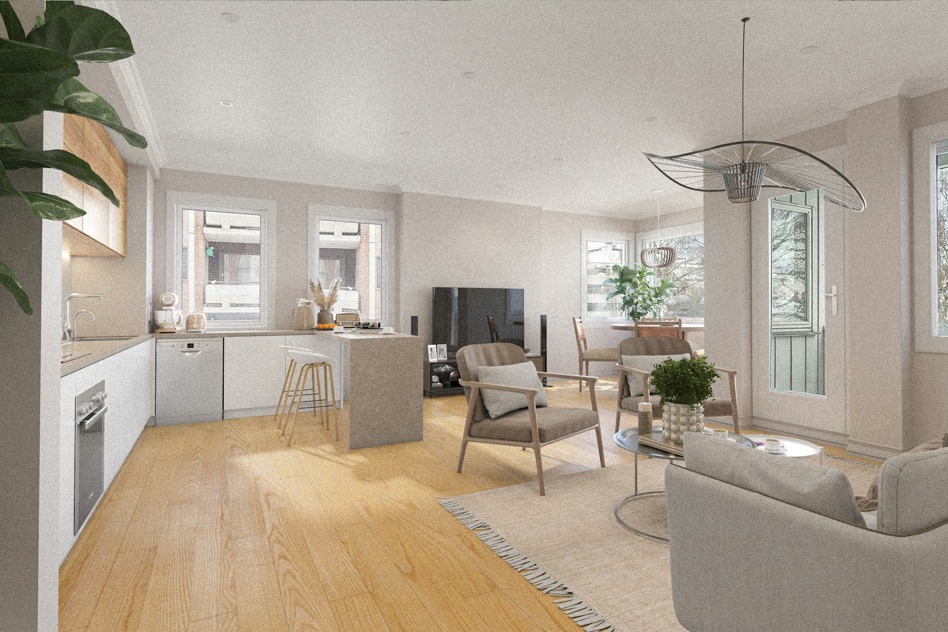 A living room filled with furniture and lots of windows